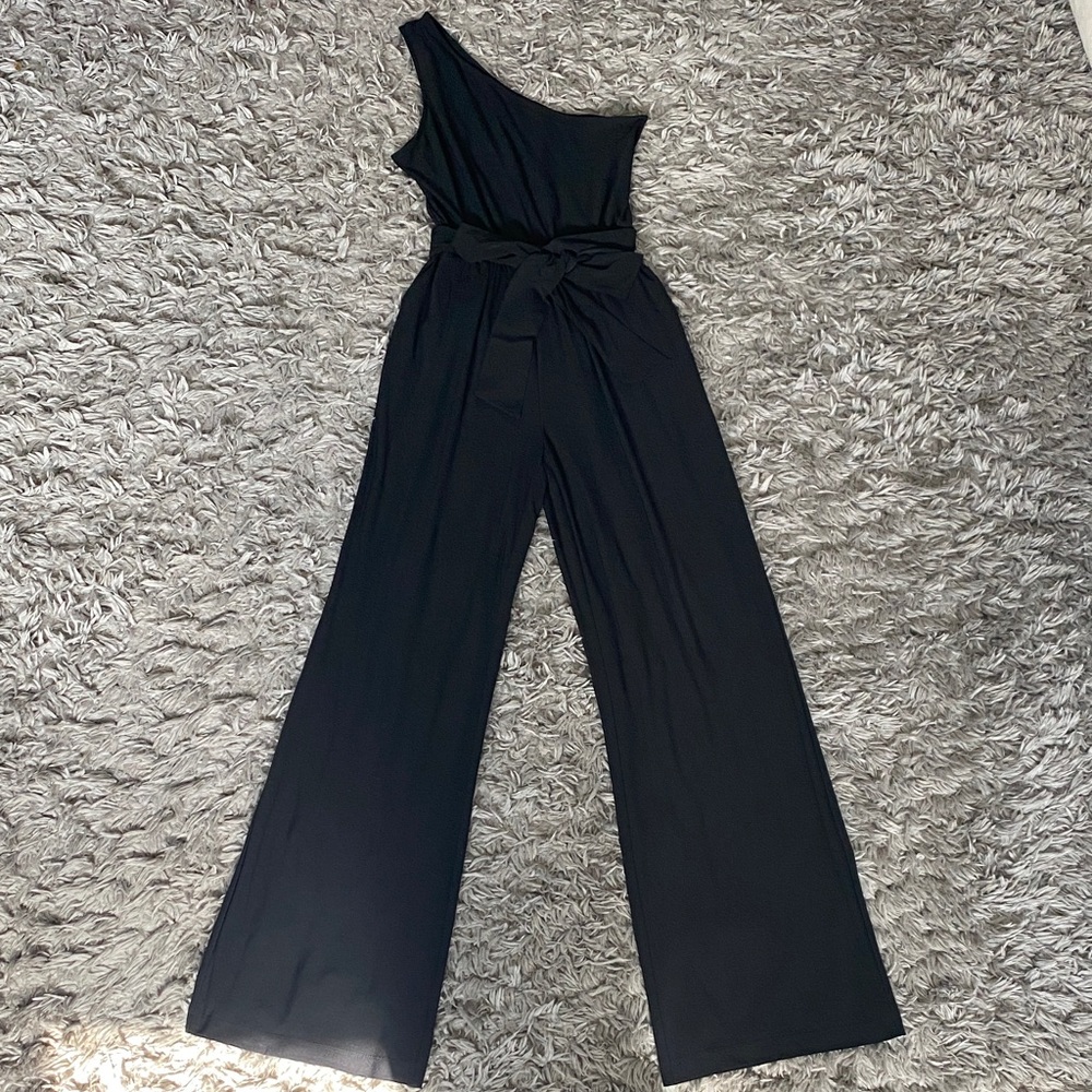 New York & Co Asymmetric One-Shoulder Black Wide-Leg Jumpsuit with Tie Waist